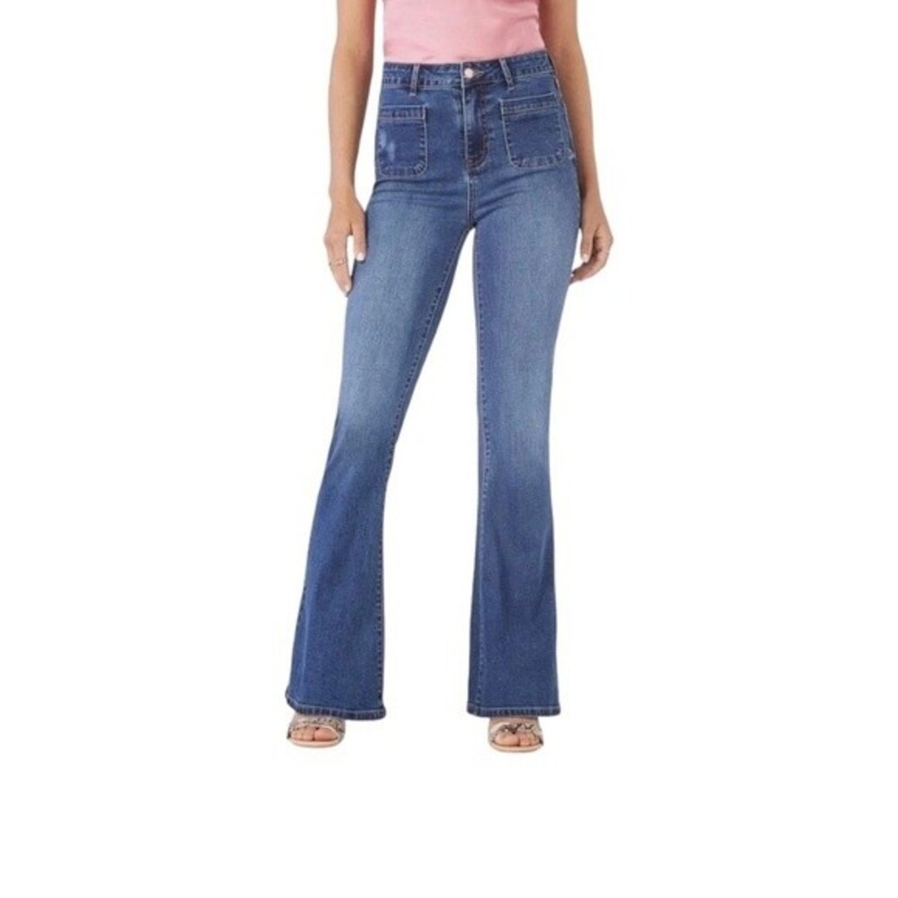 Forever 21 High Rise Patch Pocket Wide Leg Flare Jeans Medium Blue Denim Wash 28